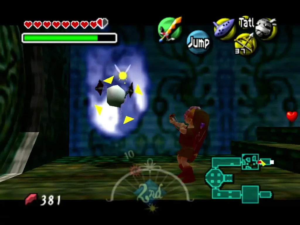 Link faces a Blue Bubble, a skull wreathed in blue flame, in a dark corridor Link faces a Blue Bubble, a skull wreathed in blue flame, in a dark corridor