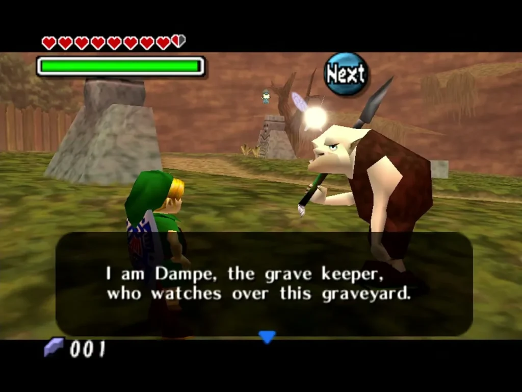 Dampe the grave keeper speaks to Link on the path in Ikana Graveyard, the box reading I am Dampe Dampe the grave keeper speaks to Link on the path in Ikana Graveyard, the box reading I am Dampe