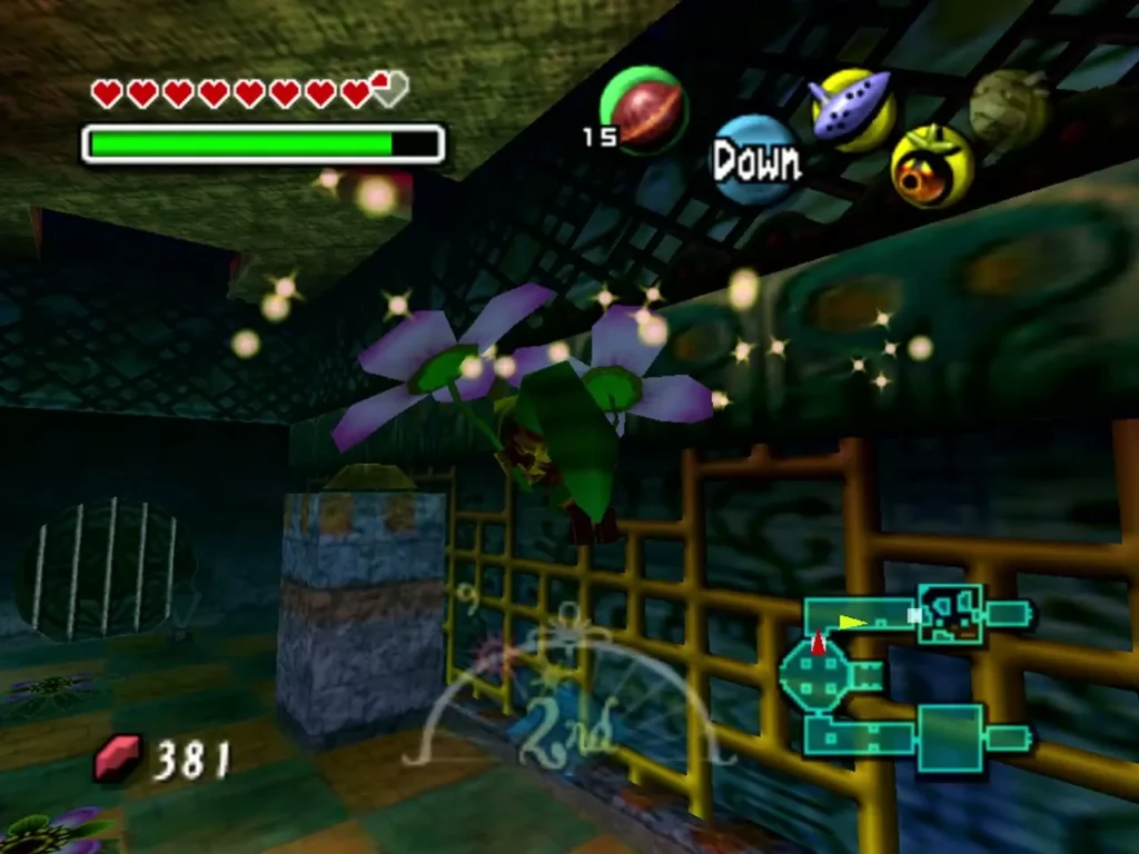 Deku Link flies out of a purple Deku Flower toward the exit switch Deku Link flies out of a purple Deku Flower toward the exit switch