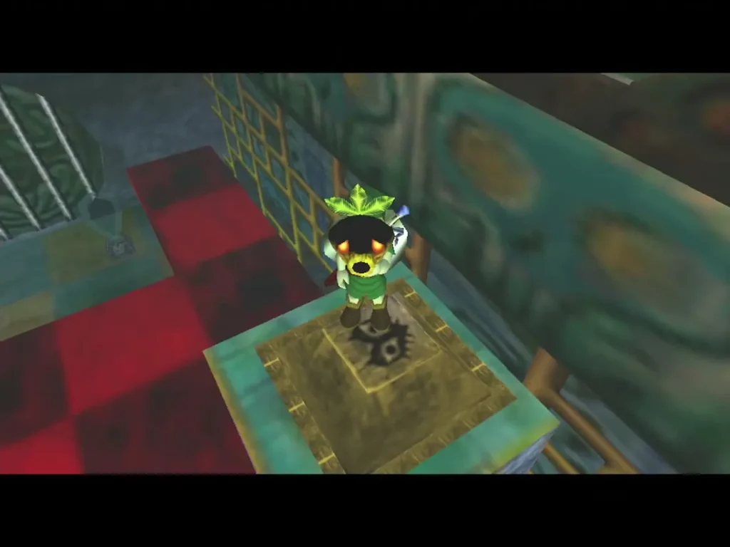 Deku Link stands on the exit switch with its eye emblem Deku Link stands on the exit switch with its eye emblem