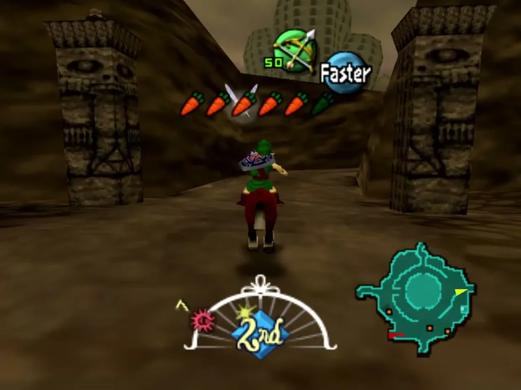 Link rides Epona along the road to Ikana past carved stone totem pillars Link rides Epona along the road to Ikana past carved stone totem pillars