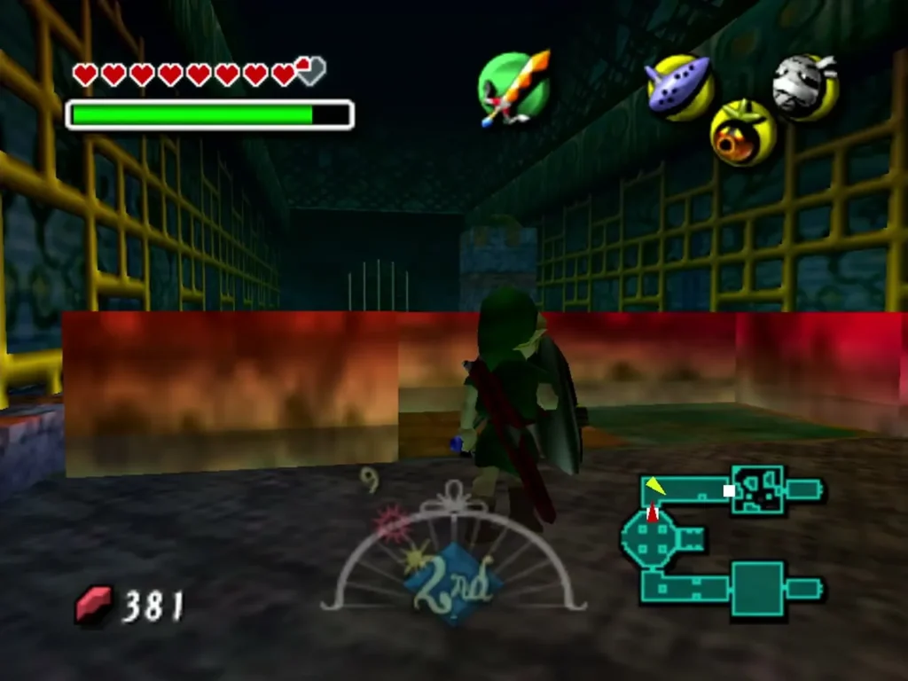 Link walks beneath the red false ceiling that has dropped over the Deku Flower room Link walks beneath the red false ceiling that has dropped over the Deku Flower room