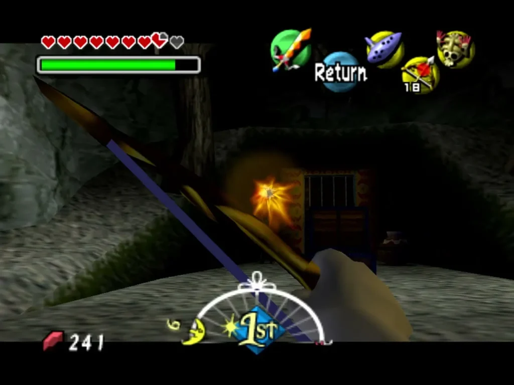 Link shoots a Fire Arrow at a torch beside the barred door in the crypt Link shoots a Fire Arrow at a torch beside the barred door in the crypt