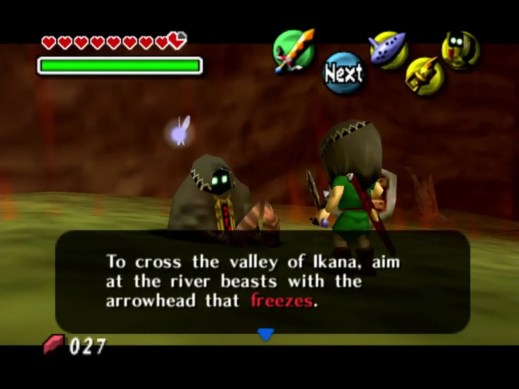 A crouching Garo tells Link to aim the arrowhead that freezes at the river beasts, Link wearing Garo's Mask A crouching Garo tells Link to aim the arrowhead that freezes at the river beasts, Link wearing Garo's Mask