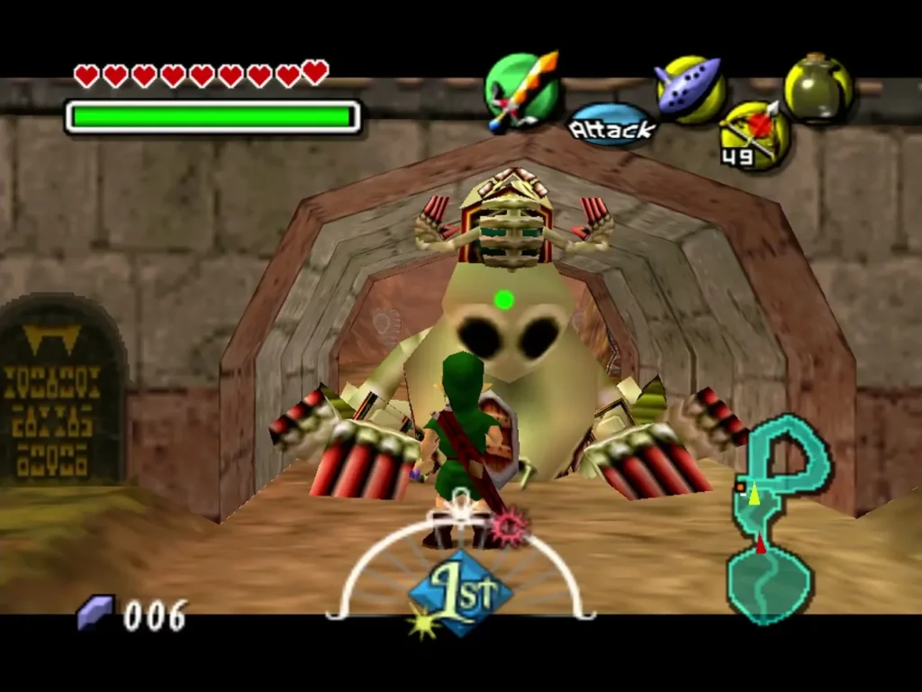 Giant skull-faced enemy blocks the stone archway in Ikana Graveyard as Link faces it with his sword Giant skull-faced enemy blocks the stone archway in Ikana Graveyard as Link faces it with his sword