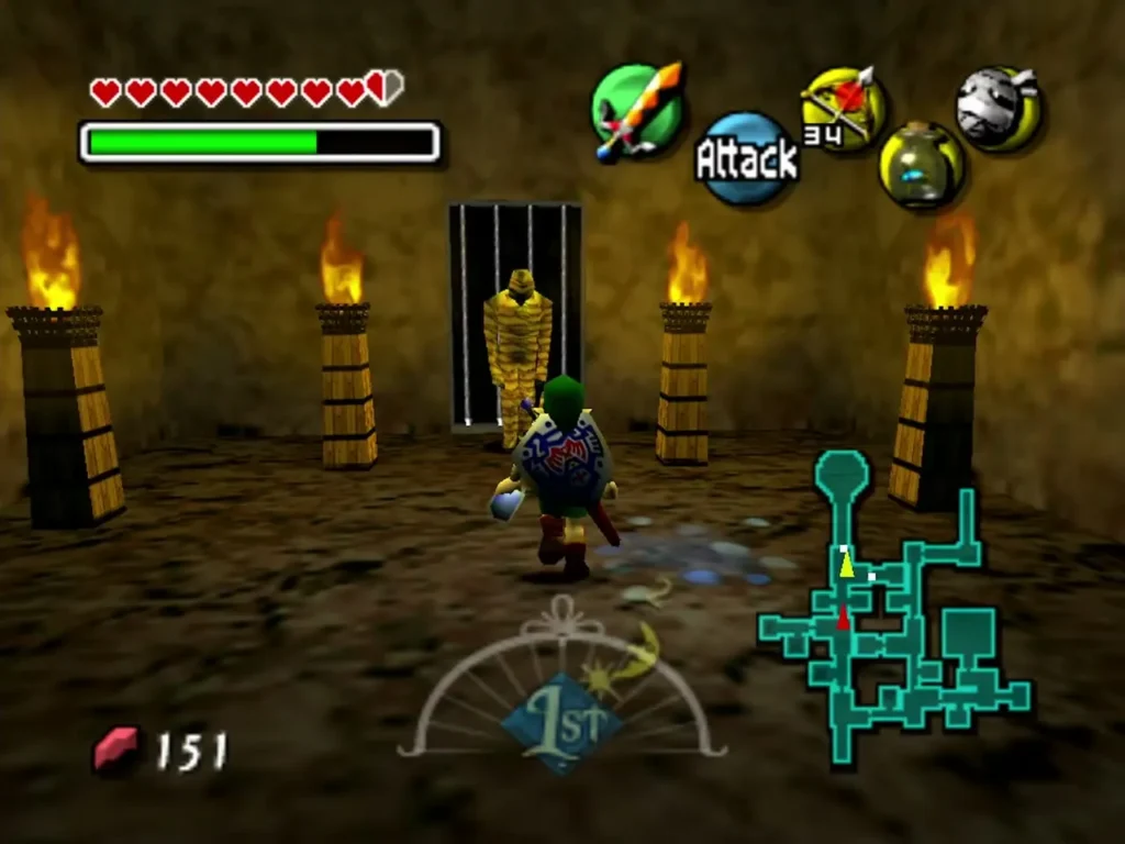A Gibdo stands behind the barred door of a torchlit room in Beneath the Well A Gibdo stands behind the barred door of a torchlit room in Beneath the Well