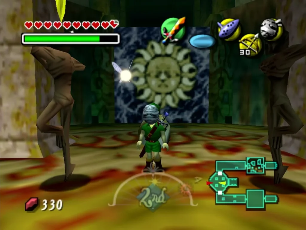 Link in the Gibdo Mask stands before a sun face between two dancing ReDeads Link in the Gibdo Mask stands before a sun face between two dancing ReDeads