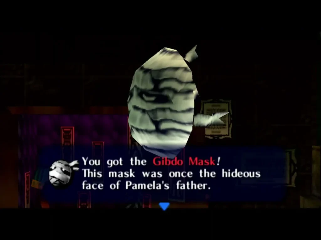 The Gibdo Mask spins in the air of the Music Box House as the item box names it the hideous face of Pamela's father The Gibdo Mask spins in the air of the Music Box House as the item box names it the hideous face of Pamela's father