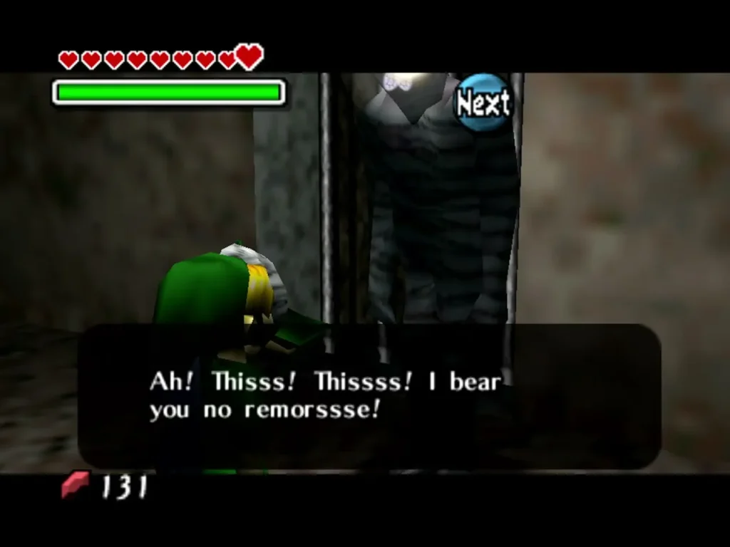 A Gibdo behind bars says it bears Link no remorse as Link stands before the door A Gibdo behind bars says it bears Link no remorse as Link stands before the door