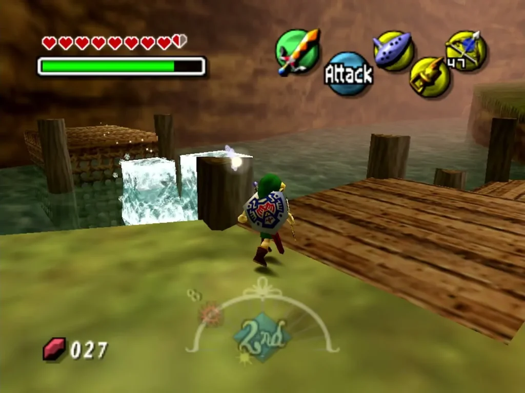 Link runs along the pier beside frozen blocks that serve as stepping platforms across the river Link runs along the pier beside frozen blocks that serve as stepping platforms across the river