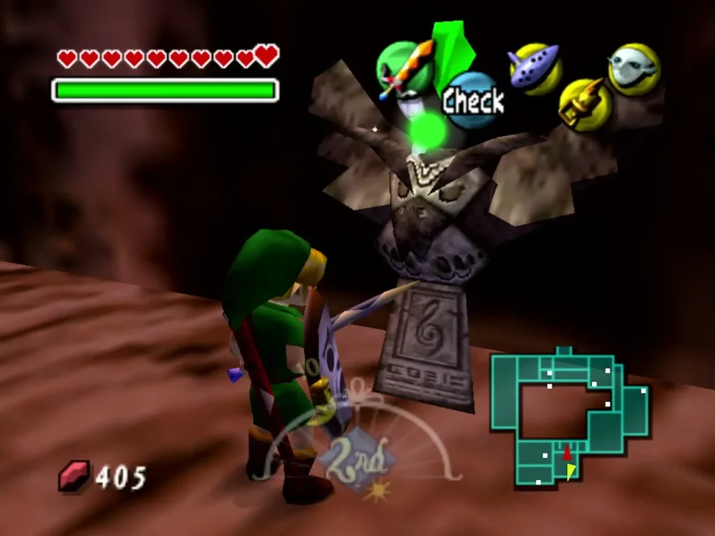 Link stands beside an owl statue with the Check prompt on screen Link stands beside an owl statue with the Check prompt on screen