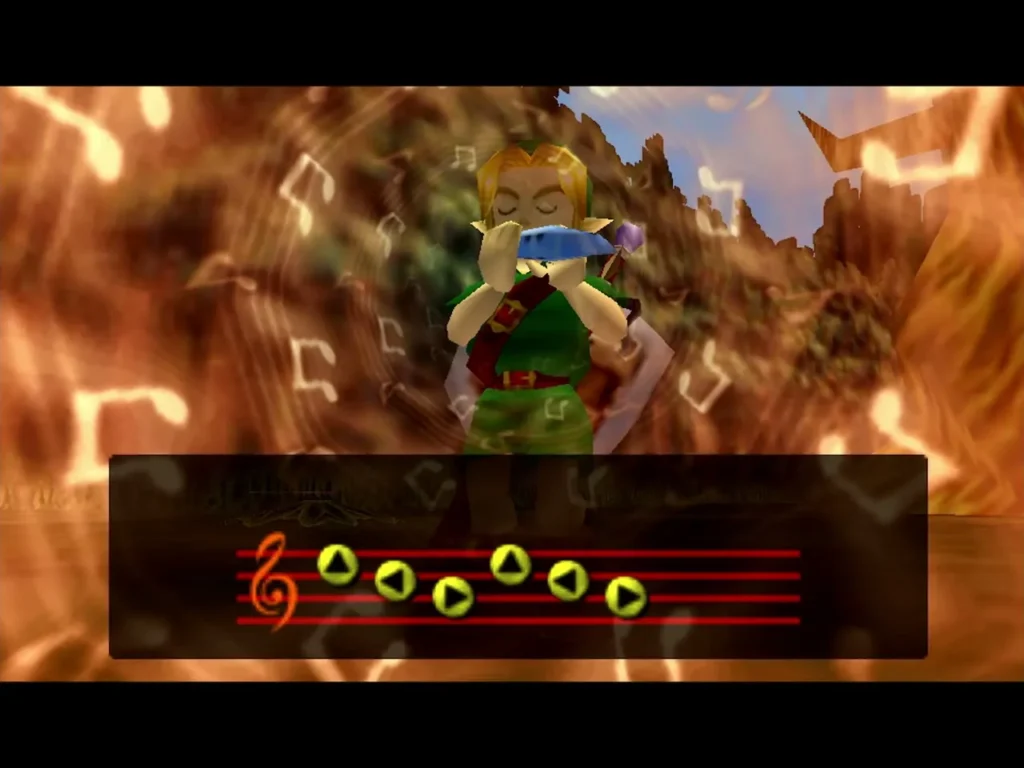 Link playing Epona's Song on the ocarina, with the musical staff of notes shown on screen Link playing Epona's Song on the ocarina, with the musical staff of notes shown on screen