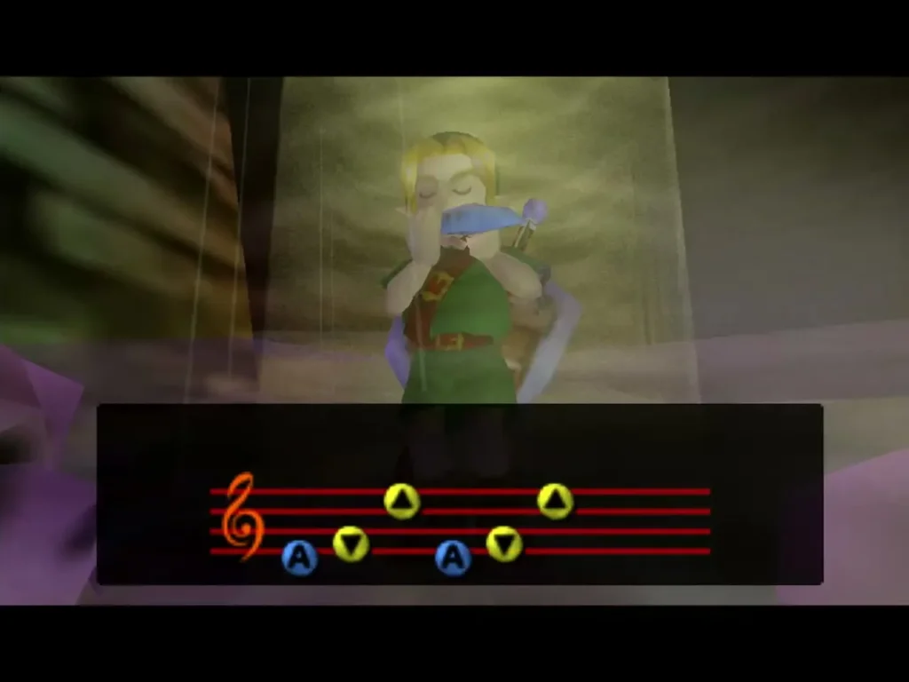 Link plays the Song of Storms on his ocarina as the notes appear on the staff Link plays the Song of Storms on his ocarina as the notes appear on the staff