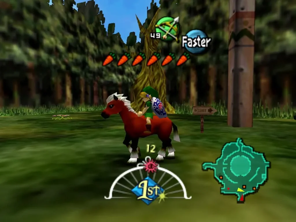 Link riding Epona along the road with the Faster prompt on screen Link riding Epona along the road with the Faster prompt on screen