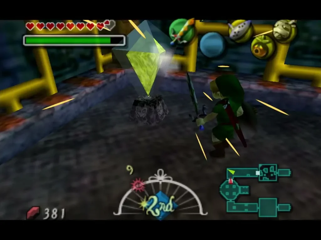 Link slashes a yellow crystal switch in a lattice-walled room Link slashes a yellow crystal switch in a lattice-walled room