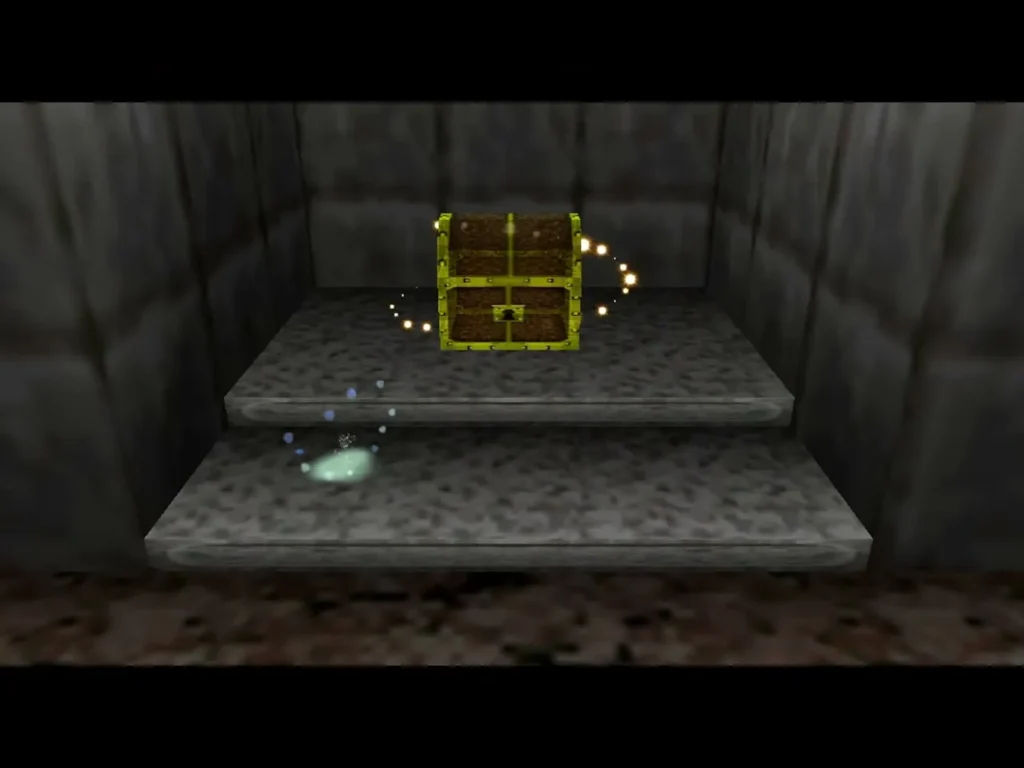 A treasure chest appears on the stone steps in a ring of golden sparkles A treasure chest appears on the stone steps in a ring of golden sparkles