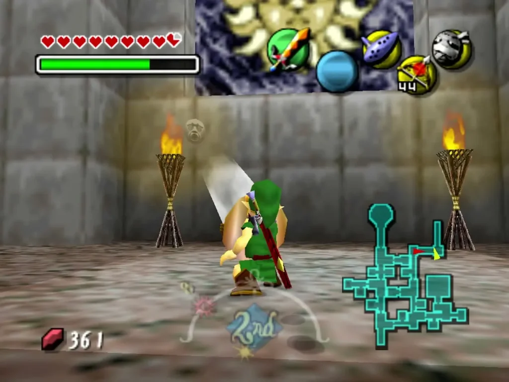 Link angles the Mirror Shield to throw a beam of light up at a sun face on the wall between two torches Link angles the Mirror Shield to throw a beam of light up at a sun face on the wall between two torches