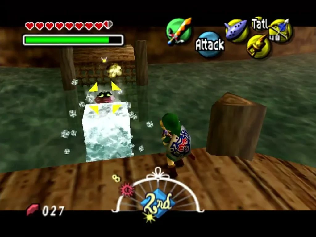 An Octorok sealed inside a block of ice beside the pier after an Ice Arrow hit An Octorok sealed inside a block of ice beside the pier after an Ice Arrow hit