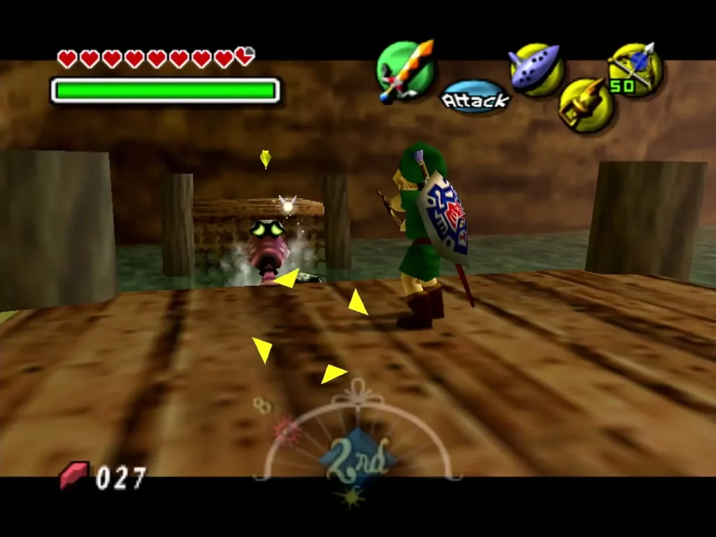 Link aims his bow at an Octorok in the river from a wooden pier Link aims his bow at an Octorok in the river from a wooden pier