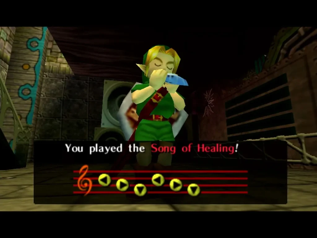 Link plays the ocarina, the box reading You played the Song of Healing! Link plays the ocarina, the box reading You played the Song of Healing!