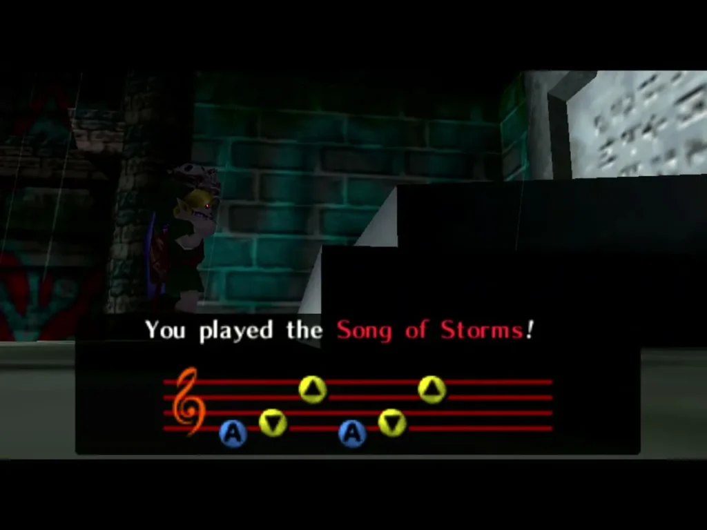 Link plays the Song of Storms on the ocarina, with the notes shown on the staff Link plays the Song of Storms on the ocarina, with the notes shown on the staff