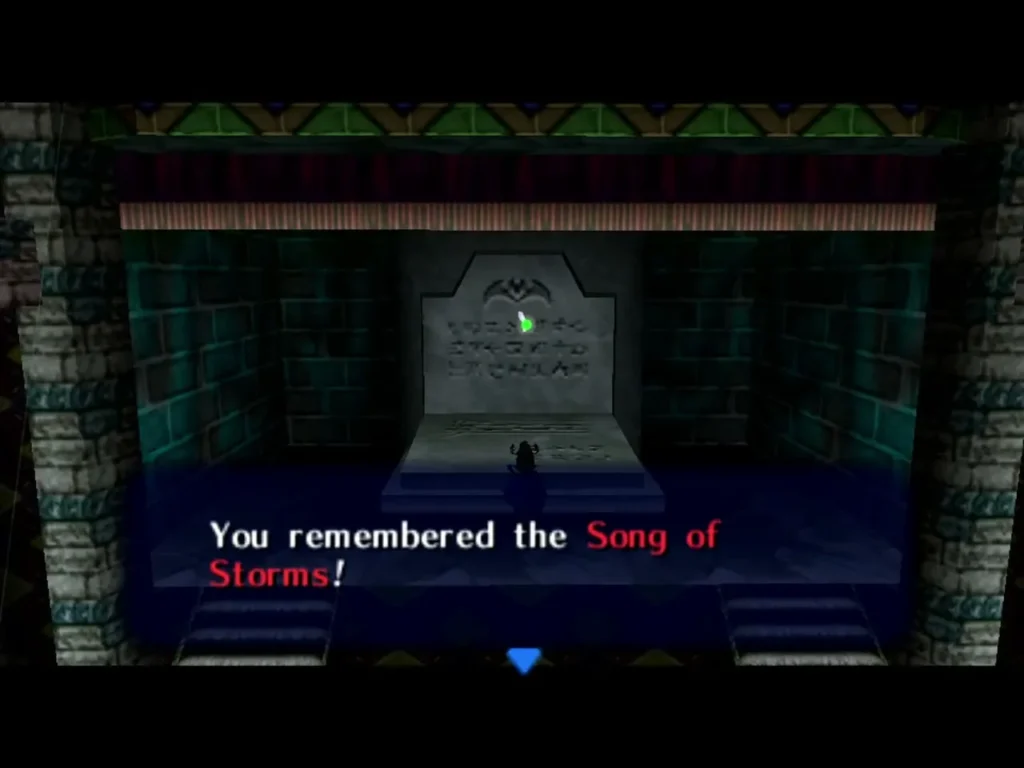 Link learns the Song of Storms at the gravestone, with the box You remembered the Song of Storms shown in full Link learns the Song of Storms at the gravestone, with the box You remembered the Song of Storms shown in full