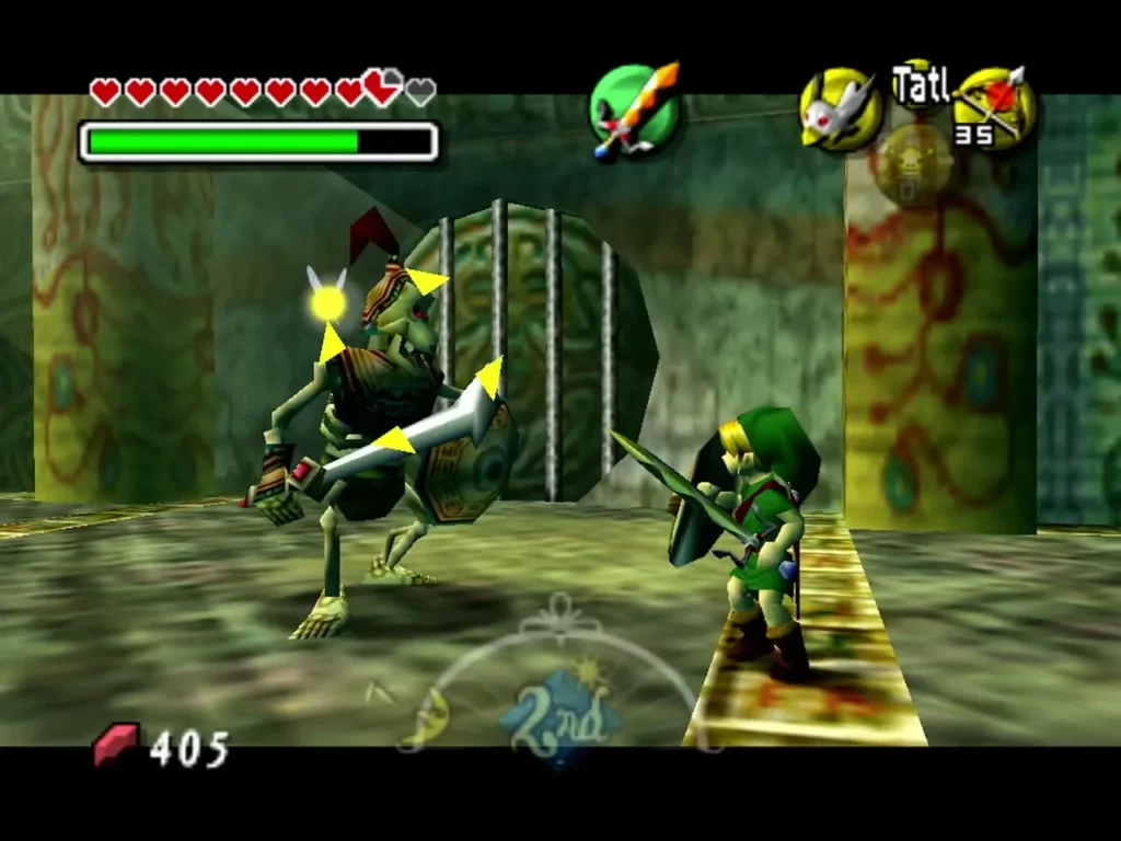 Link faces a Stalfos knight with a shield and a curved sword in the throne room Link faces a Stalfos knight with a shield and a curved sword in the throne room