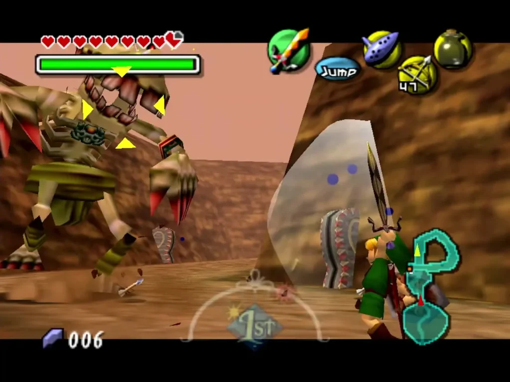 Link raises his sword against the clawed skeleton Keeta as the Jump prompt appears Link raises his sword against the clawed skeleton Keeta as the Jump prompt appears