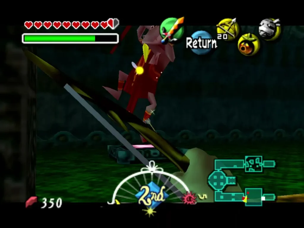 Link aims his bow at a red-robed Wizzrobe standing on a platform in a dark green room Link aims his bow at a red-robed Wizzrobe standing on a platform in a dark green room