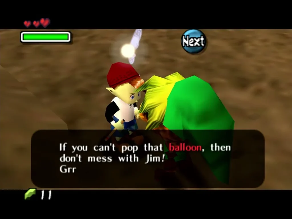 Bomber with a red cap scolding Link for failing to pop the balloon Bomber with a red cap scolding Link for failing to pop the balloon