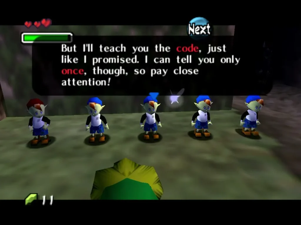 Five Bombers lined up while one promises to teach Link the secret code Five Bombers lined up while one promises to teach Link the secret code