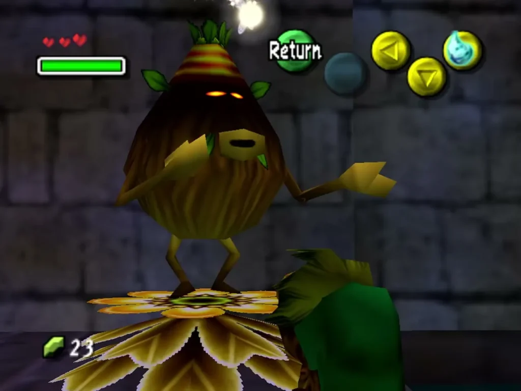 Business Scrub on his Deku flower beside Link, with the Moon's Tear on the C button Business Scrub on his Deku flower beside Link, with the Moon's Tear on the C button