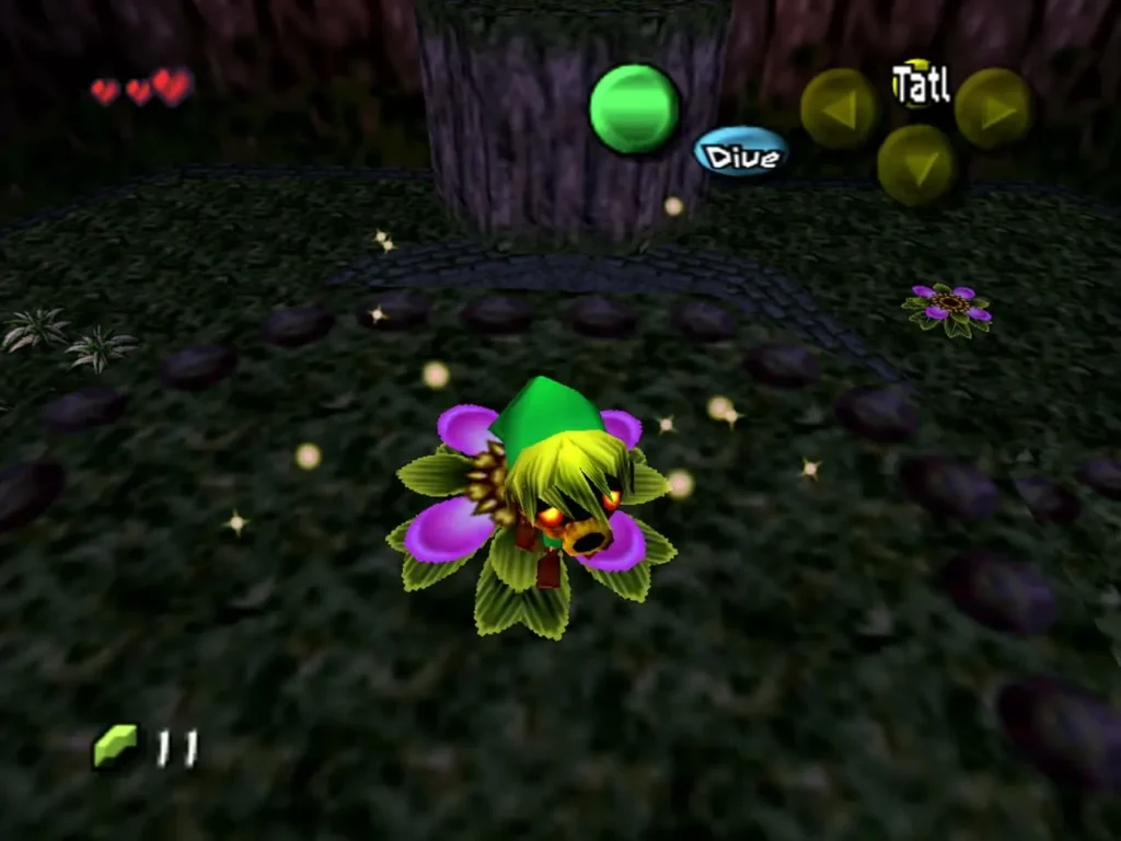 Deku Link standing on a Deku flower with the Dive button prompt shown Deku Link standing on a Deku flower with the Dive button prompt shown
