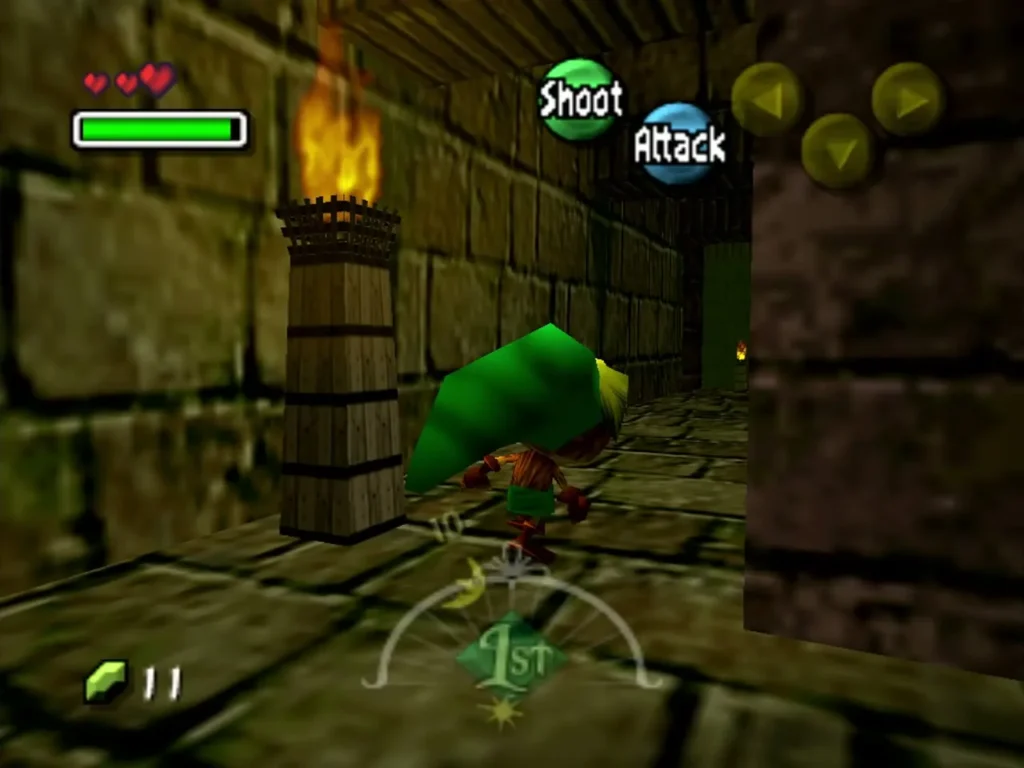 Deku Link beside a wooden platform and torch in the hideout tunnel Deku Link beside a wooden platform and torch in the hideout tunnel