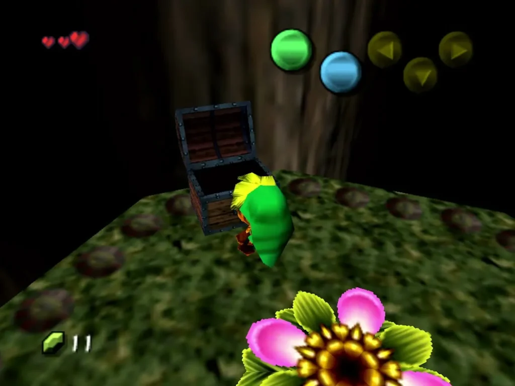 Deku Link stepping out of an open treasure chest on a mossy platform Deku Link stepping out of an open treasure chest on a mossy platform
