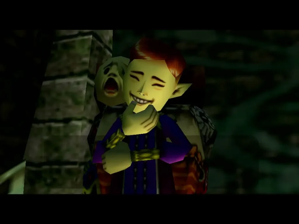 The Happy Mask Salesman laughs with a hand at his chin in the dark chamber The Happy Mask Salesman laughs with a hand at his chin in the dark chamber