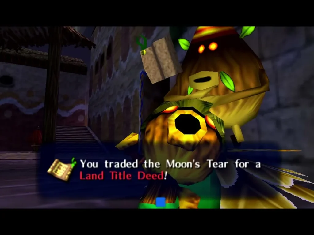 Link trading the Moon's Tear to the Business Scrub, with the Land Title Deed item box shown Link trading the Moon's Tear to the Business Scrub, with the Land Title Deed item box shown