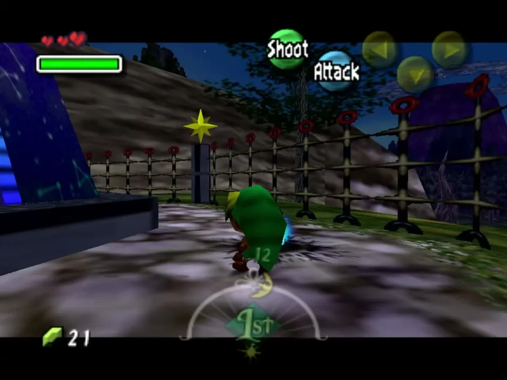 Link walking through the night observatory yard beside a fence and stone path Link walking through the night observatory yard beside a fence and stone path