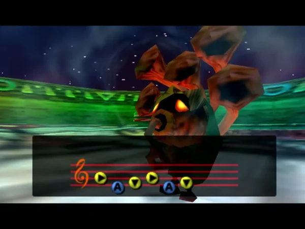 Link playing the Song of Time on the roof while the staff of notes is shown Link playing the Song of Time on the roof while the staff of notes is shown
