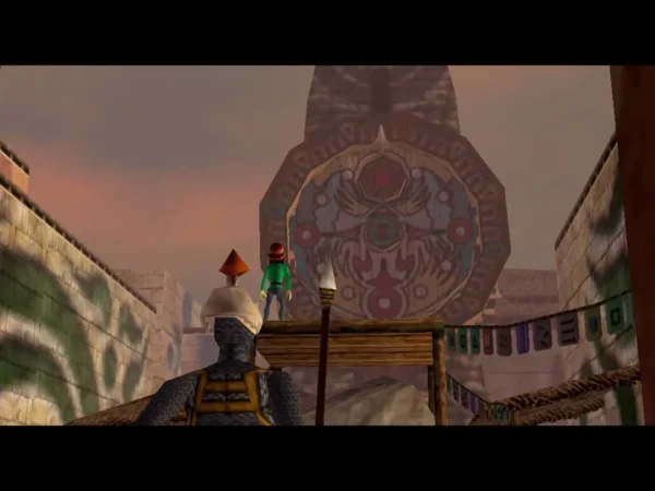 South Clock Town walkway with the Clock Tower behind and a guard with a spear in the foreground South Clock Town walkway with the Clock Tower behind and a guard with a spear in the foreground