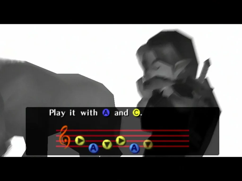 Song of Time staff with the prompt to play it with A and C Song of Time staff with the prompt to play it with A and C