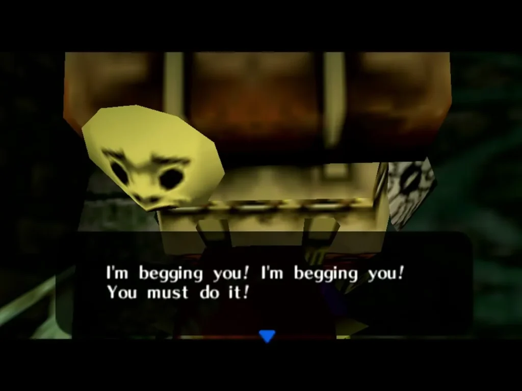 Happy Mask Salesman begging Link to get back the mask, saying You must do it Happy Mask Salesman begging Link to get back the mask, saying You must do it