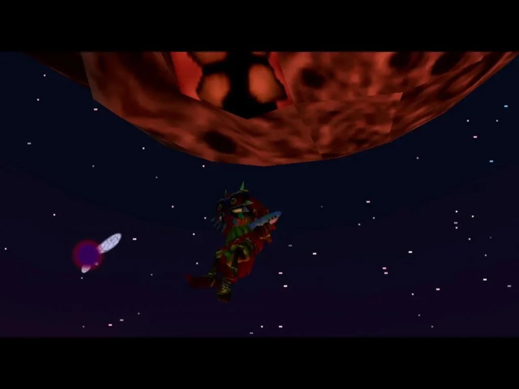 Skull Kid in the night sky beneath the falling moon with a fairy nearby Skull Kid in the night sky beneath the falling moon with a fairy nearby