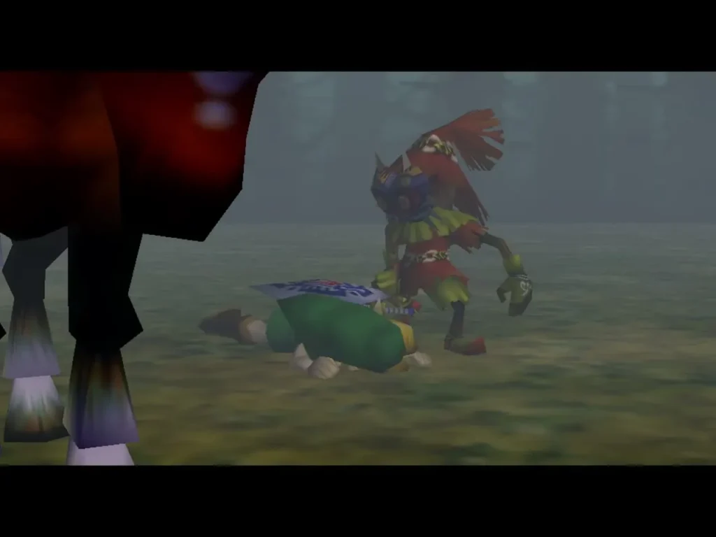 Skull Kid stands over Link lying in the misty woods, with Epona's legs at the edge of the frame Skull Kid stands over Link lying in the misty woods, with Epona's legs at the edge of the frame