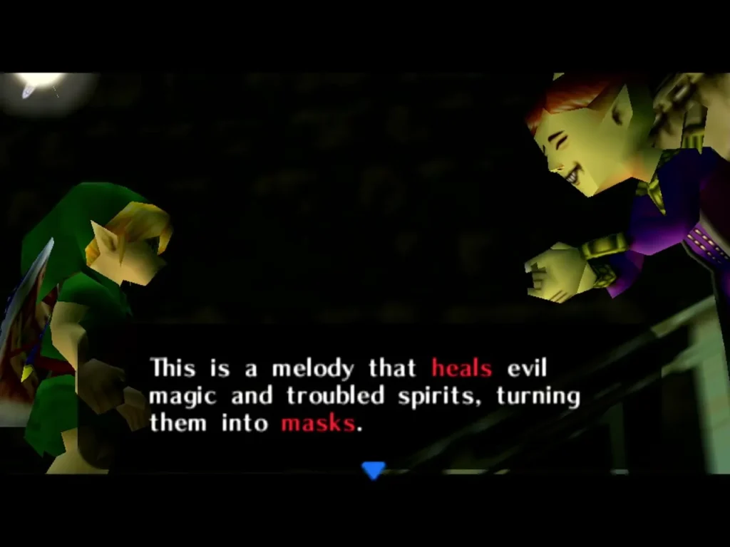 Link and the Salesman as a box explains the melody heals evil magic and troubled spirits Link and the Salesman as a box explains the melody heals evil magic and troubled spirits