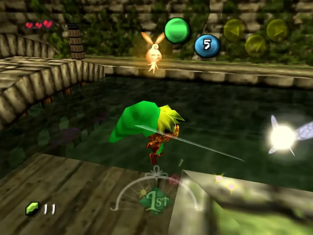 Deku Link hops toward the Stray Fairy hovering over the Laundry Pool, Tatl at his side Deku Link hops toward the Stray Fairy hovering over the Laundry Pool, Tatl at his side