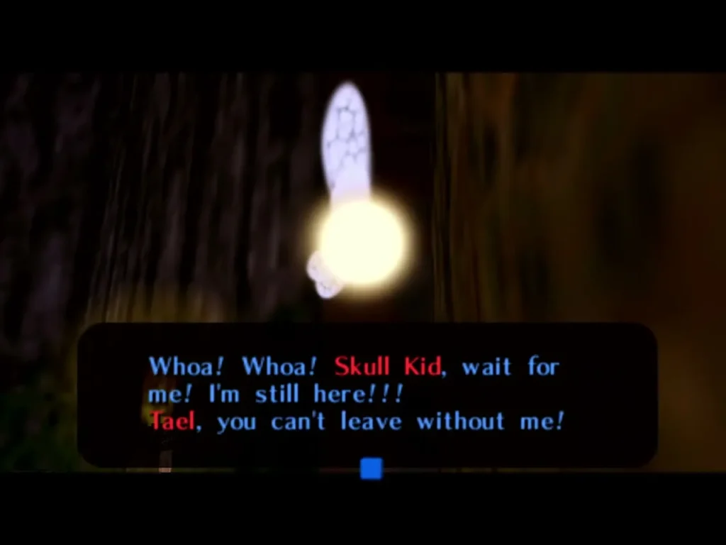Tatl calling out to Skull Kid, asking him to wait for her in a dim forest Tatl calling out to Skull Kid, asking him to wait for her in a dim forest