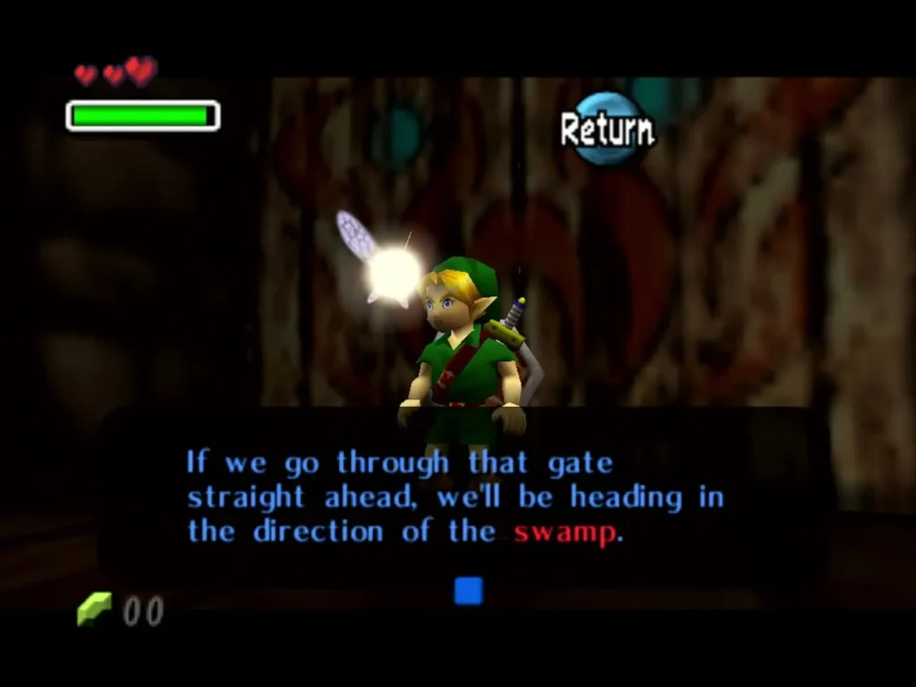 Link with Tatl beside him saying the gate ahead leads toward the swamp Link with Tatl beside him saying the gate ahead leads toward the swamp