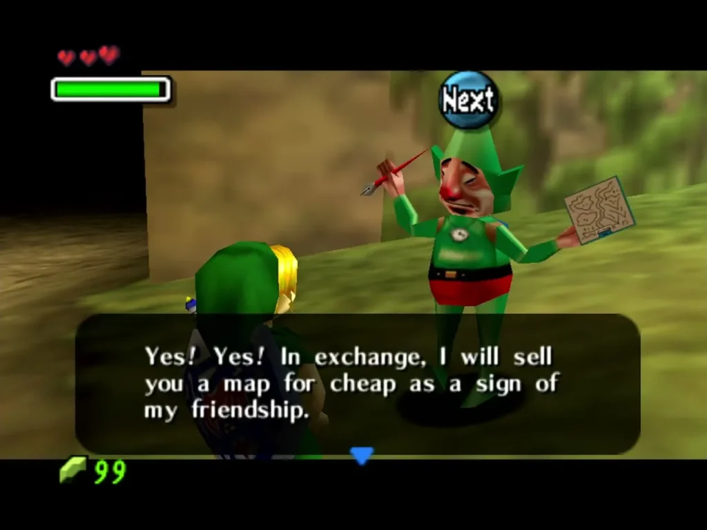 Tingle holding up a map and offering to sell it to Link for cheap Tingle holding up a map and offering to sell it to Link for cheap