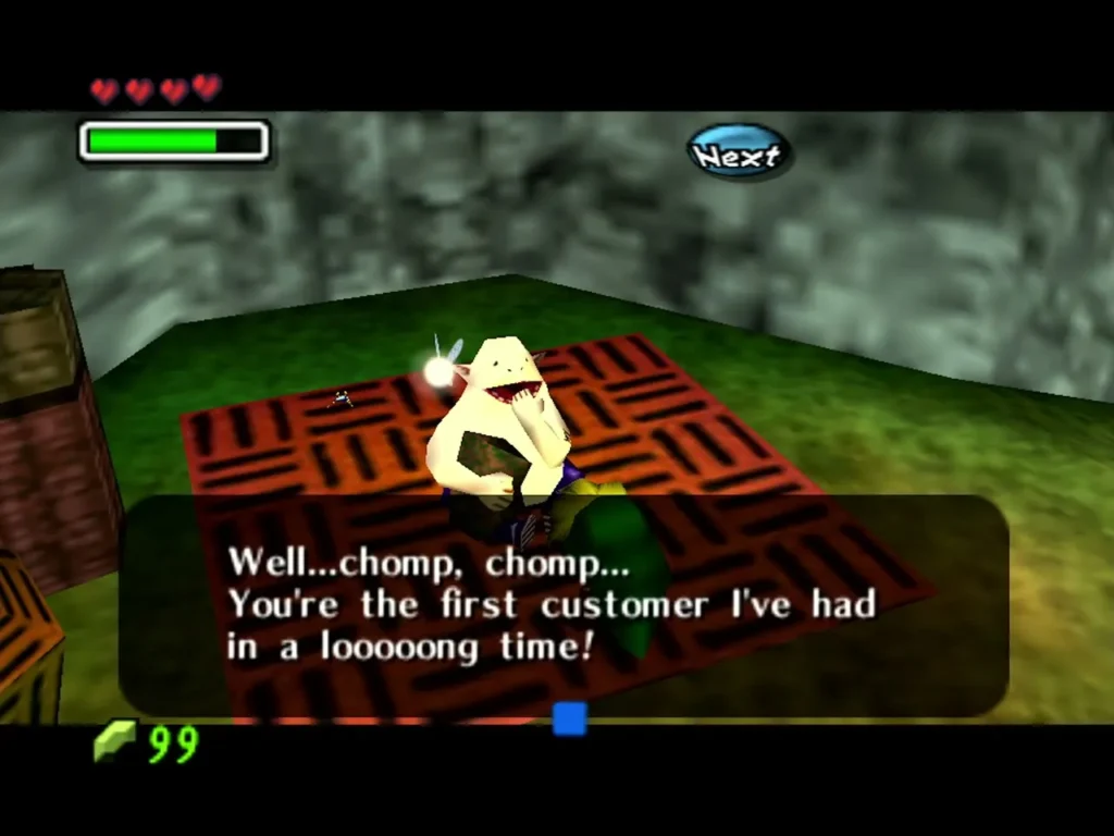 The Bean Seller greeting Link in his cave under the palace garden